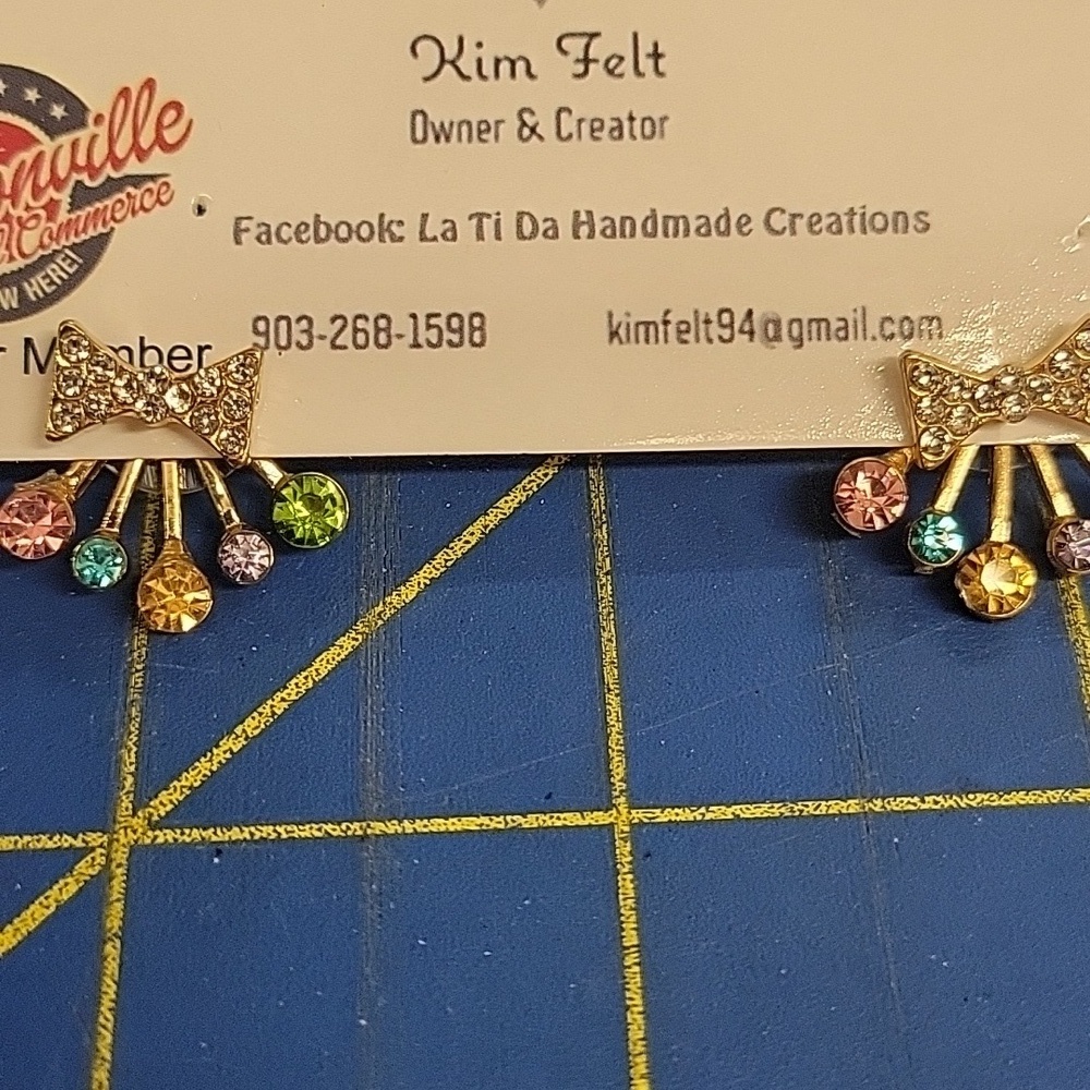 Rhinestone Bow Multi Color Stone Back & Front Gold Tone Earrings